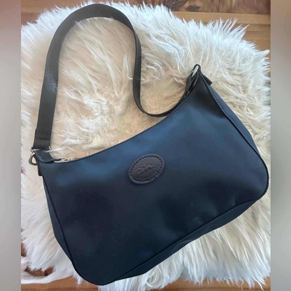 LONGCHAMP Nylon Crescent Shoulder Bag with Silver Accents in Navy